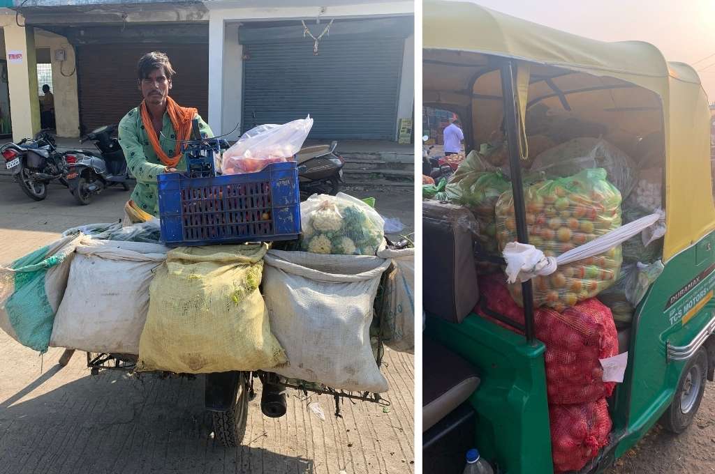 A retailer-with his motorcycle loaded with fruits and vegetables to sell (left) and tomatoes packed in polythene bags that are ready to be transported to retail vendors right-value chain
