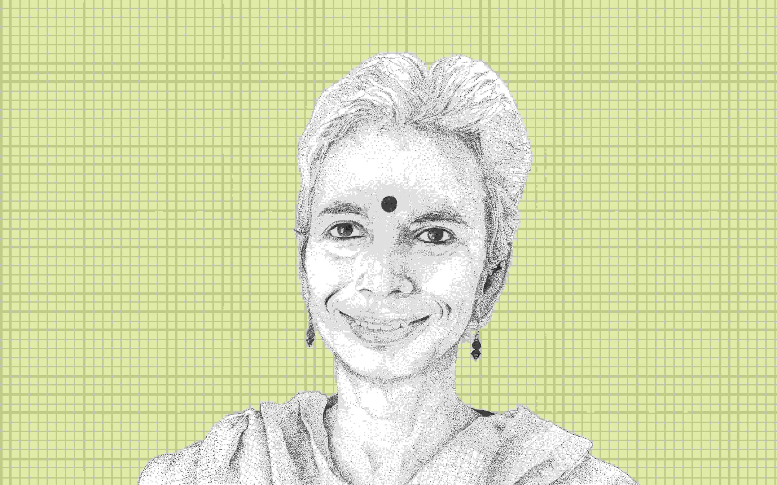 Illustration of Sushma Iyengar, a social activist and founder of Kutch Mahila Vikas Sangathan (KMVS), an organisation that seeks to empower women to become capable and confident decision-making partners in their village, community, and regional development initiatives. - women's empowerment