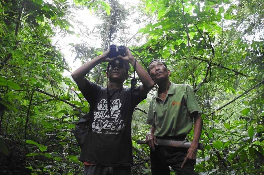 Two male nest protectors from the Nyishi tribe in a forest, one in a green polo neck tshirt and the other in a black tshirt, which says apna time ayega. The man in the black tshirt is looking up with a binocular. They work on hornbill conservation