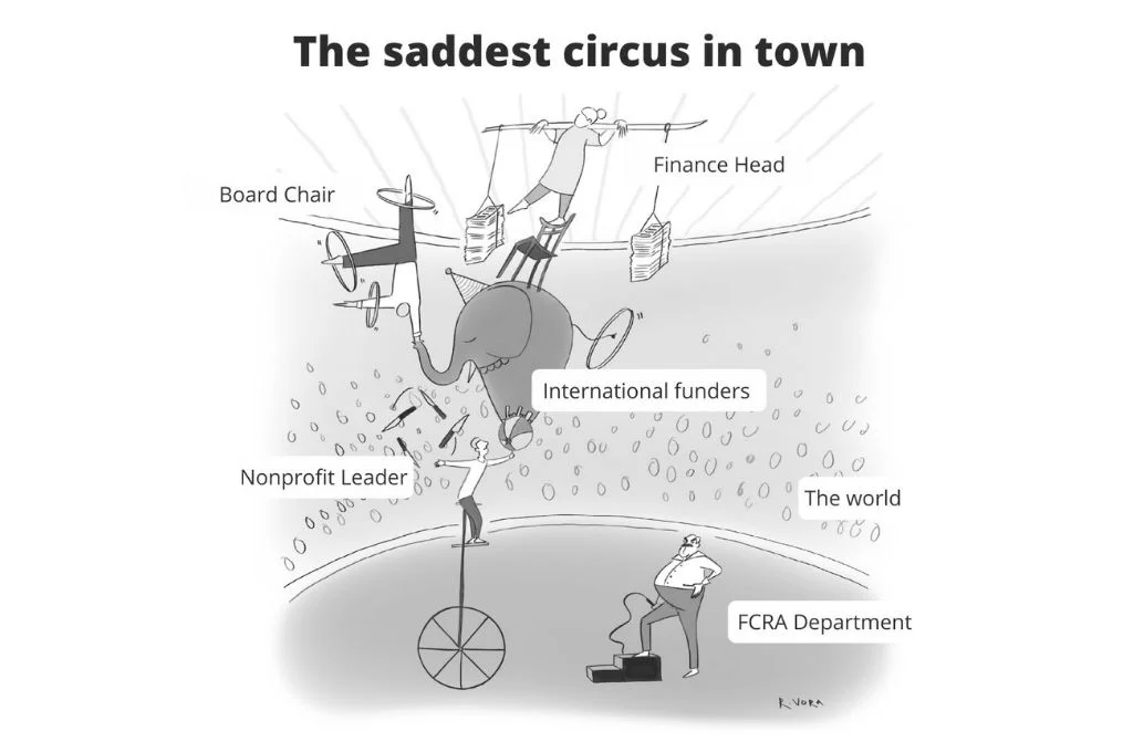Illustration of a circus act with various performers balancing on top of each other, while the circus master looks on, in front of an audience_ nonprofit humour