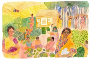 Illustration of women working on land in various ways-land rights