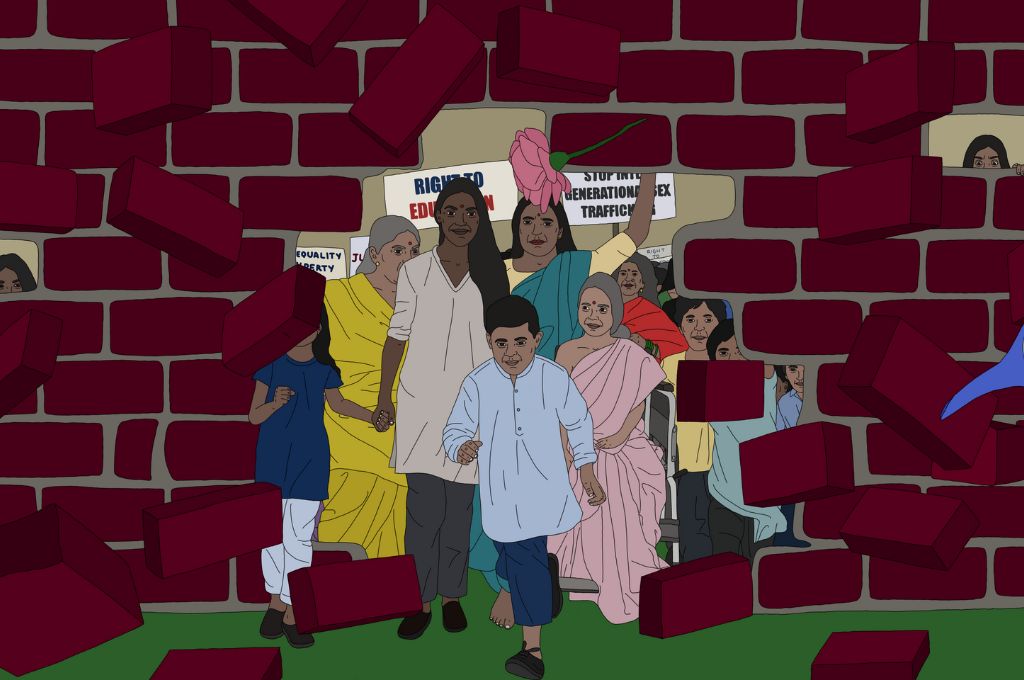 Illustration of people collectively breaking through a brick barrier-law