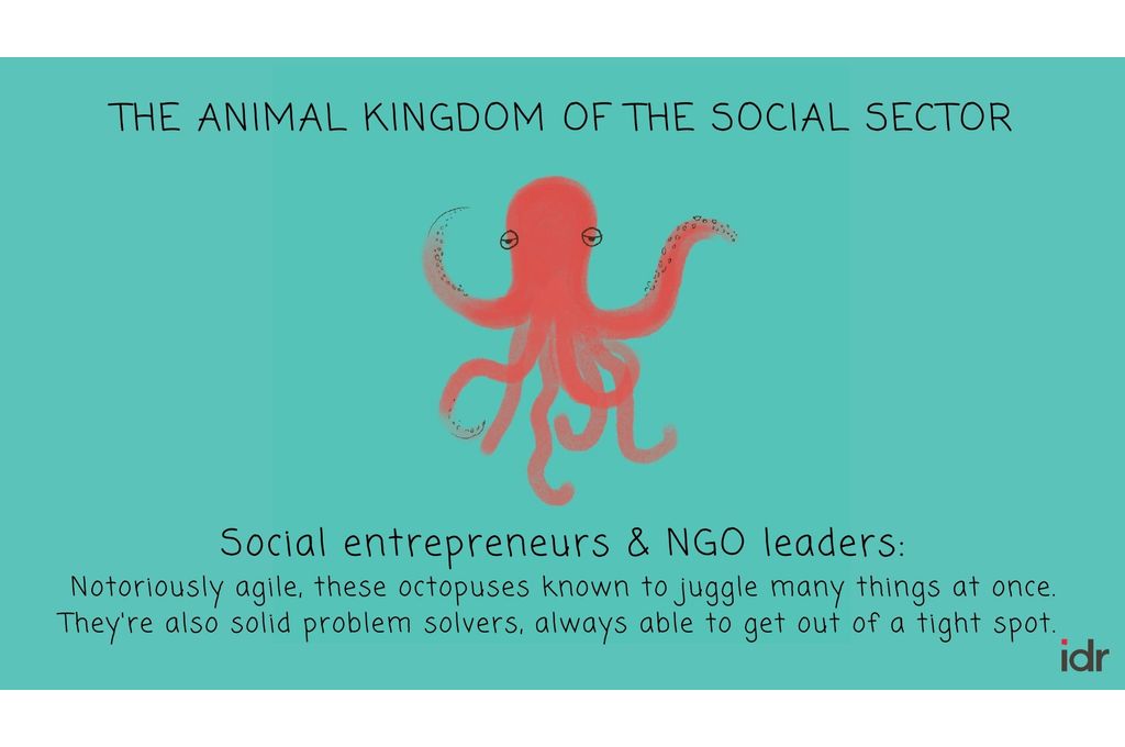 Illustration that indicates that social entrepreneurs and NGO leaders are the octopuses of the social sector because they are known to juggle many things at once and are solid problem solvers-nonprofit humour