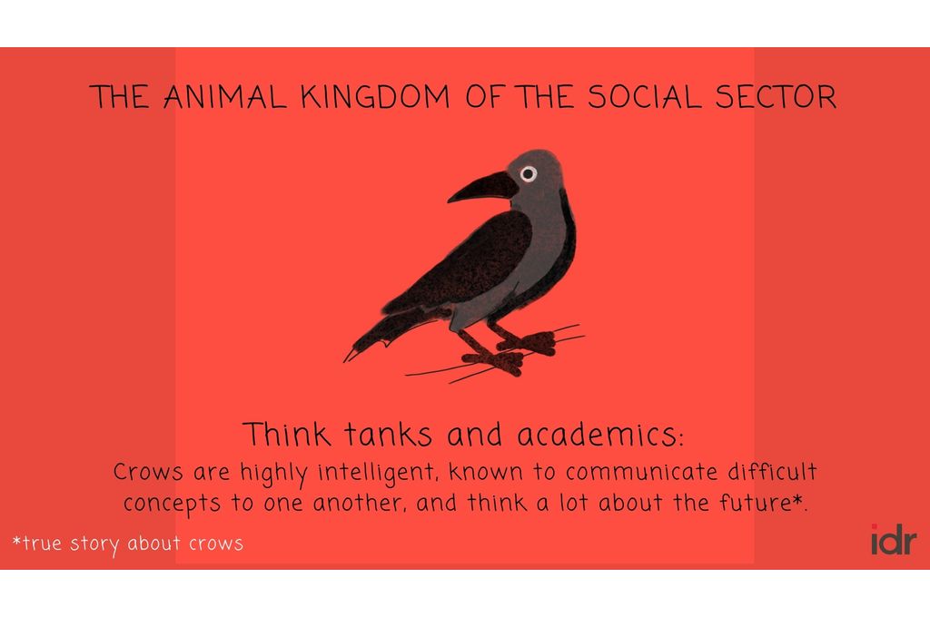 Illustration that indicates that think tanks and academics are the crows of the social sector because they are highly intelligent, known to communicate difficult concepts to one another, and think a lot about the future-nonprofit humour