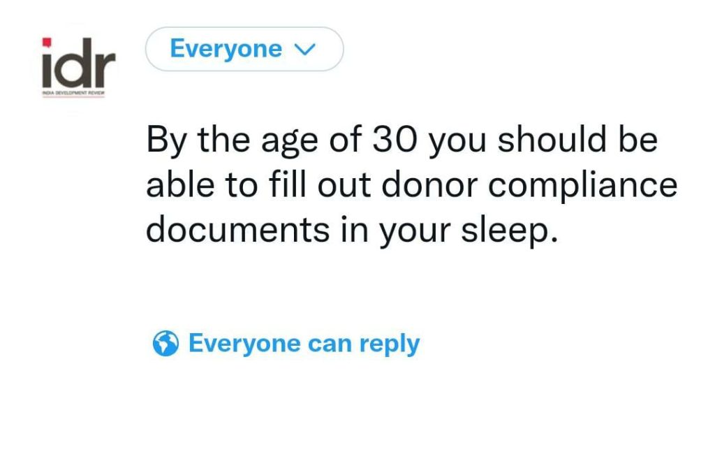 Image that says "By the age of 30 you should be able to fill out donor compliance documents in your sleep."-nonprofit humour 