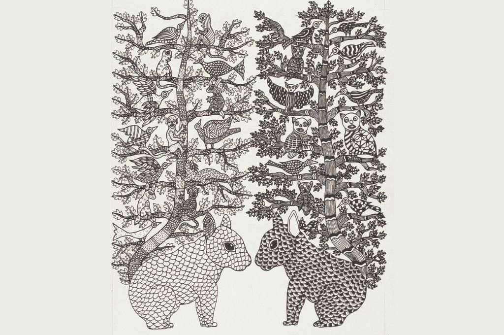A Gond painting with a white-spotted and a black-spotted rabbit and trees with moneys and birds behind them_social impact
