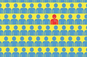 An illustration of people in five rows. The people are in blue against a yellow background, except for a red one that stands out_Muslim women_resized