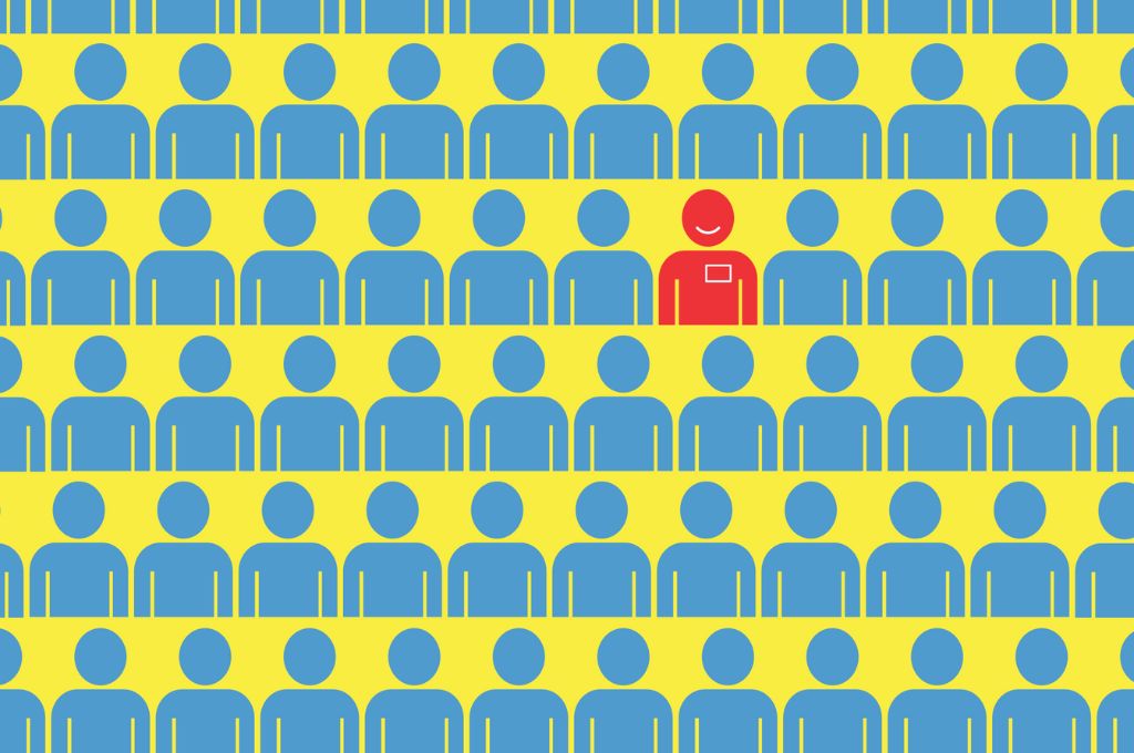 An illustration of people in five rows. The people are in blue against a yellow background, except for a red one that stands out_Muslim women_resized