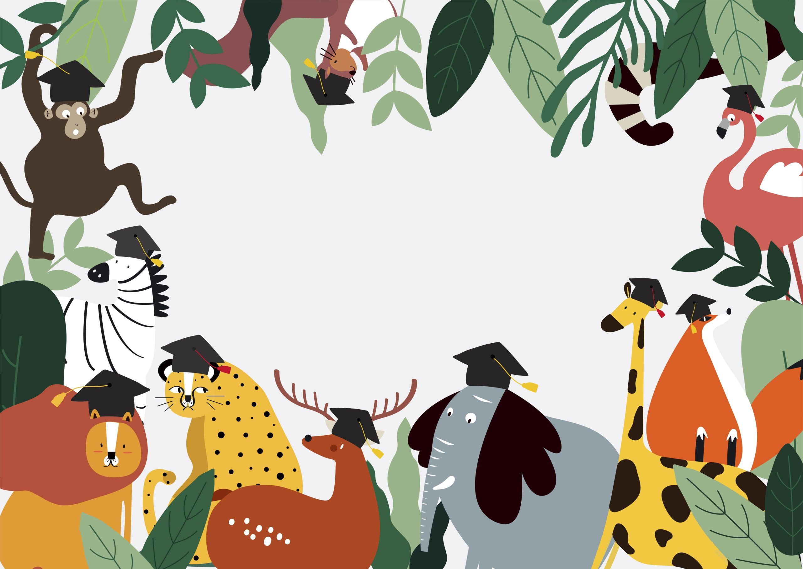 Illustration of jungle animals in graduation hats-nonprofit humour