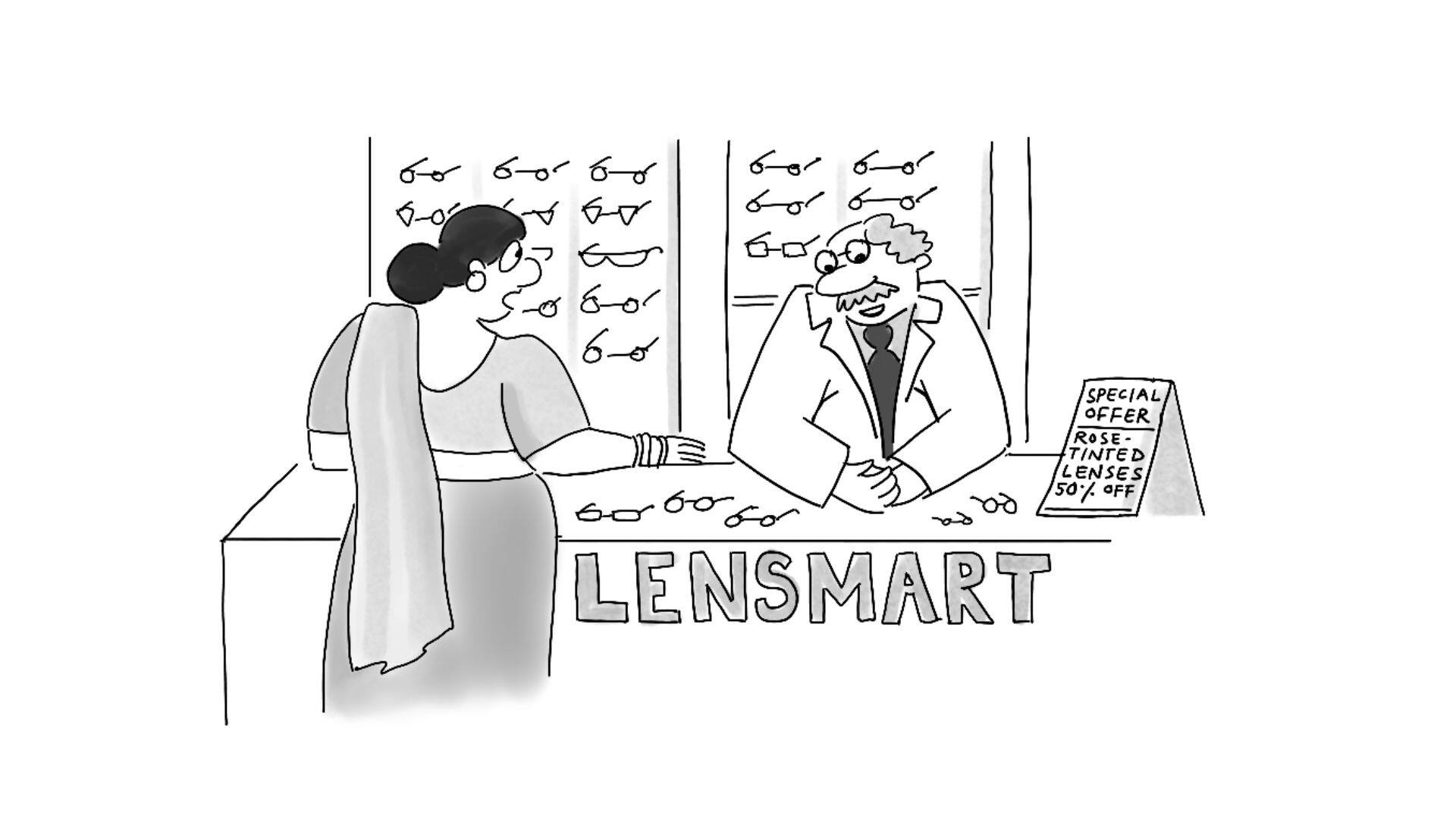 Caricature of woman trying to buy a "climate lens" from a shop called "Lensmart"-nonprofit life