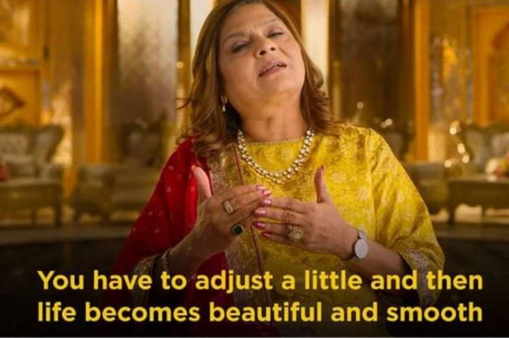 Image of Seema aunty saying "you have to adjust a little and then the business becomes beautiful and smooth"-nonprofit humour