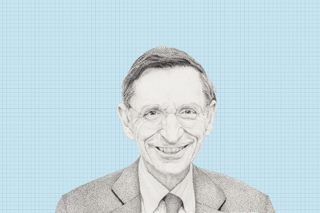A black and white illustration of Bill Drayton against a blue backround