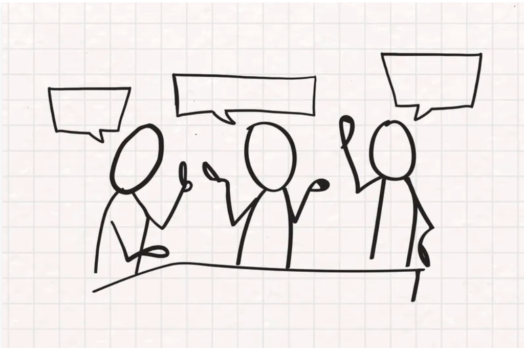 Illustration depicting three individuals speaking to each other-nonprofit humour
