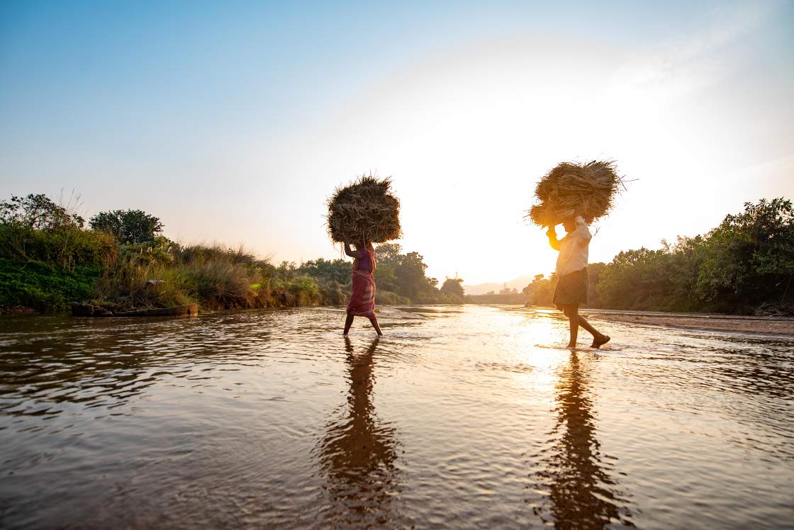 A man and woman crossing a river with hay over their heads_migration