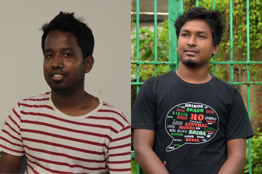 A man wearing a white tshirt with red stripes, and another man wearing a black tshirt with a speech bubble containing indian adivasi languages--adivasi languages