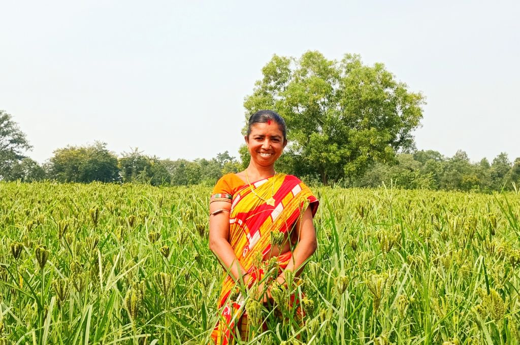 A woman farmer standing in her ragi farm in Odisha's Malkangiri district-millets