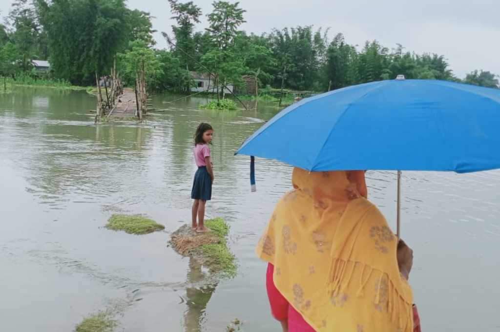 A woman holding a blue umbrella looks over the flooded land in Bongaigaon-flood