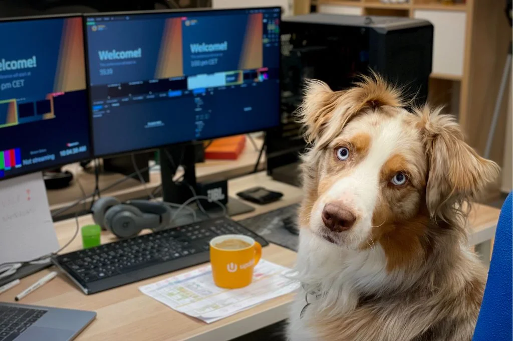 A dog sitting at an office desk with two computers and a coffee mug on the table_ChatGPT