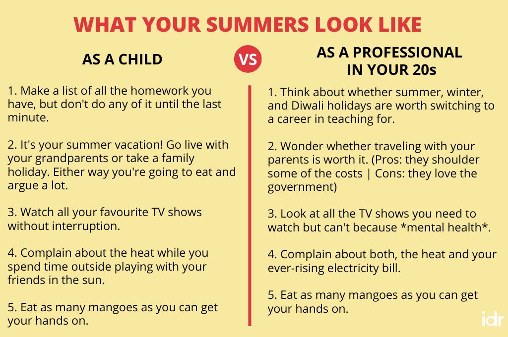 a table describing what summer looks like as a child and as a professional in your 20s. As a child you complain about the heat and play outside and as an adult you complain about the heat and your electricity bill. At both ages you eat as many mangoes as you can_nonprofit humour