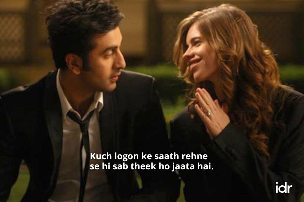 An image of Ranbir kapoor and kalki koechlin sitting together with the caption "kuch logon ke saath rehne se hi sab theek ho jaata hai"_nonprofit humour 