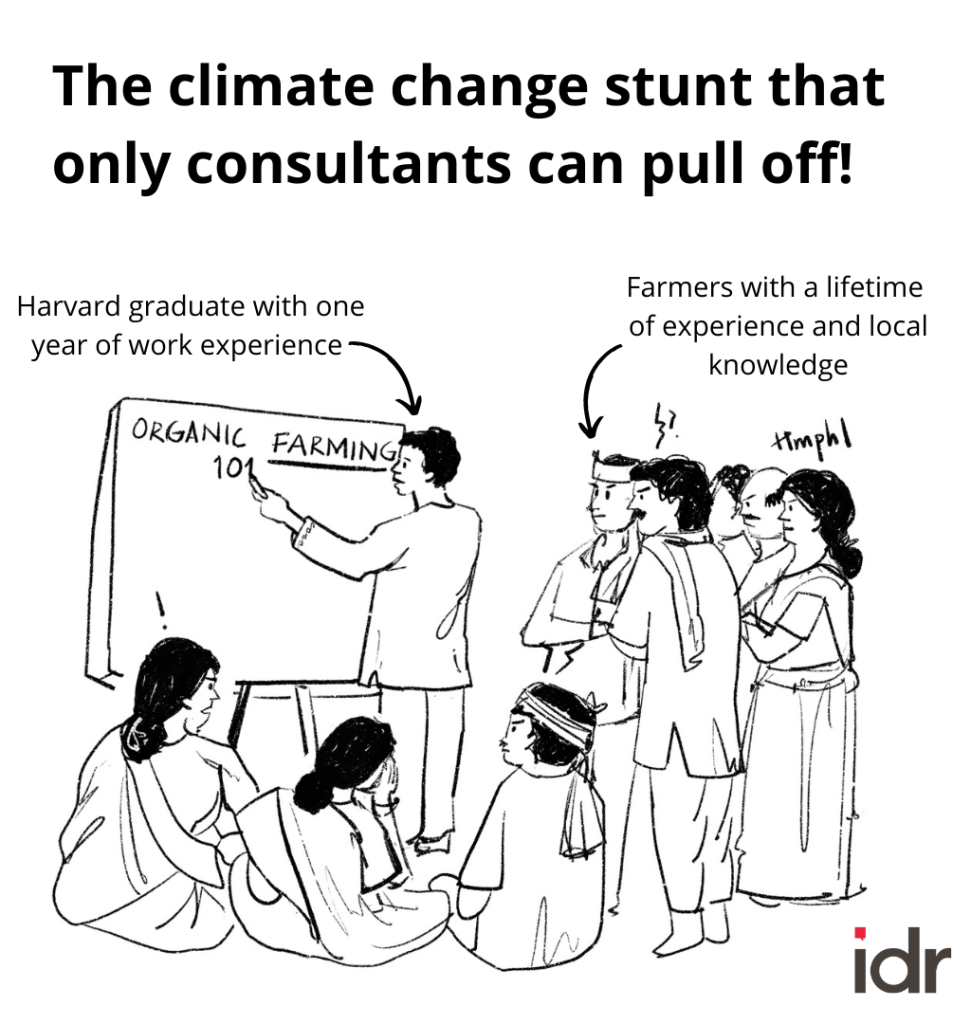 Illustration saying the climate change stunt that only consultants can pull off! Showing a Harvard graduate with one year of work experience teaching farmers with a lifetime of experience and local knowledge about organic farming_nonprofit humour