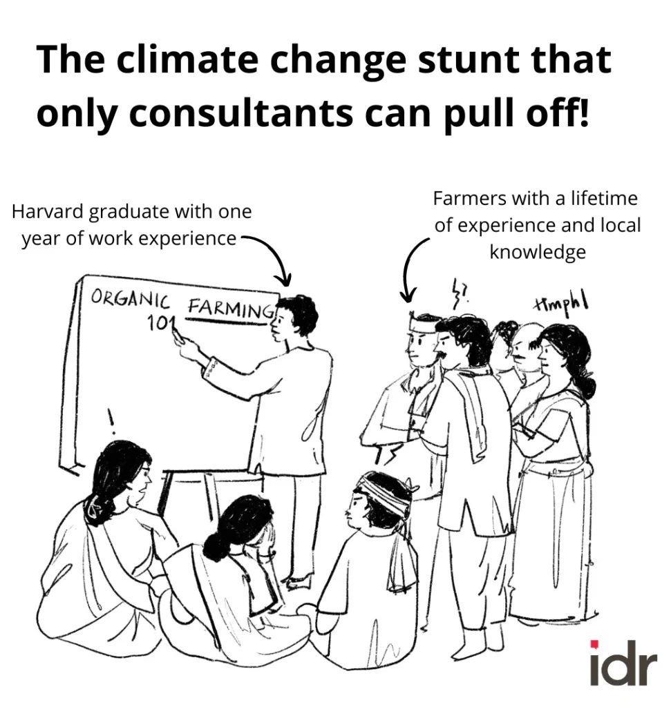 Illustration saying the climate change stunt that only consultants can pull off! Showing a Harvard graduate with one year of work experience teaching farmers with a lifetime of experience and local knowledge about organic farming_nonprofit humour