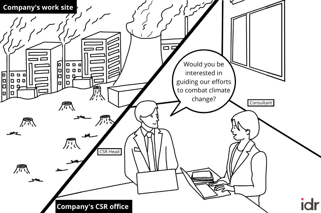Split image: Left showing company's work site with deforestation, pollution; Right showing the company's CSR office with a person saying 'Would you be interested in guiding our efforts to combat climate change?"_climate change