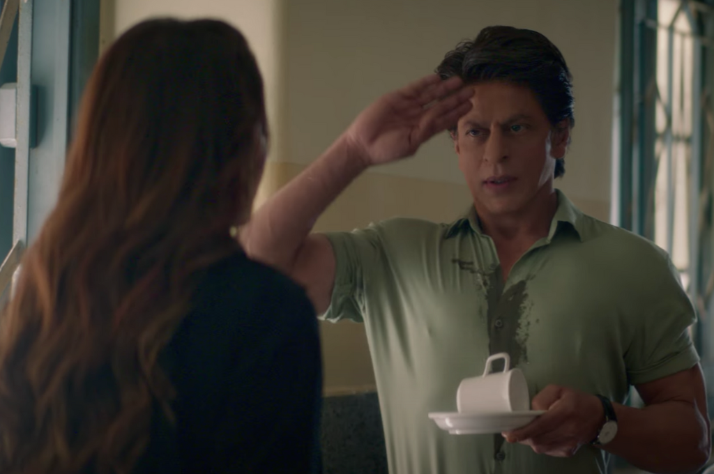A nervous SRK saluting his superior-Jawan