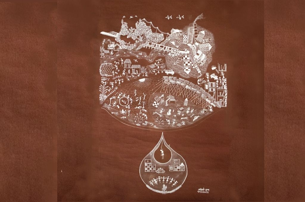 A warli painting depicting how unseasonal rainfall results in both droughts and floods, putting human life and biodiversity at risk.---climate