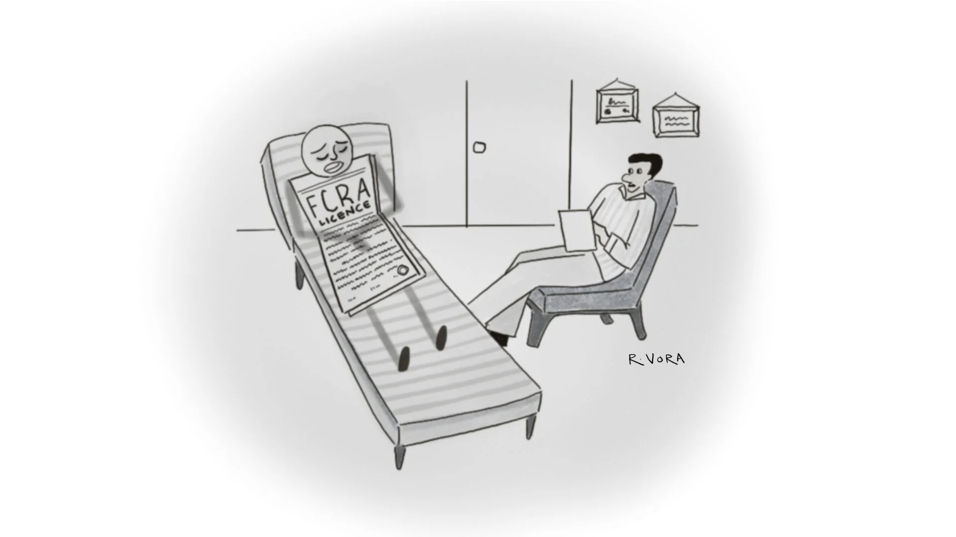 a cartoon depicting an anthropomorphized FCRA licence in therapy
