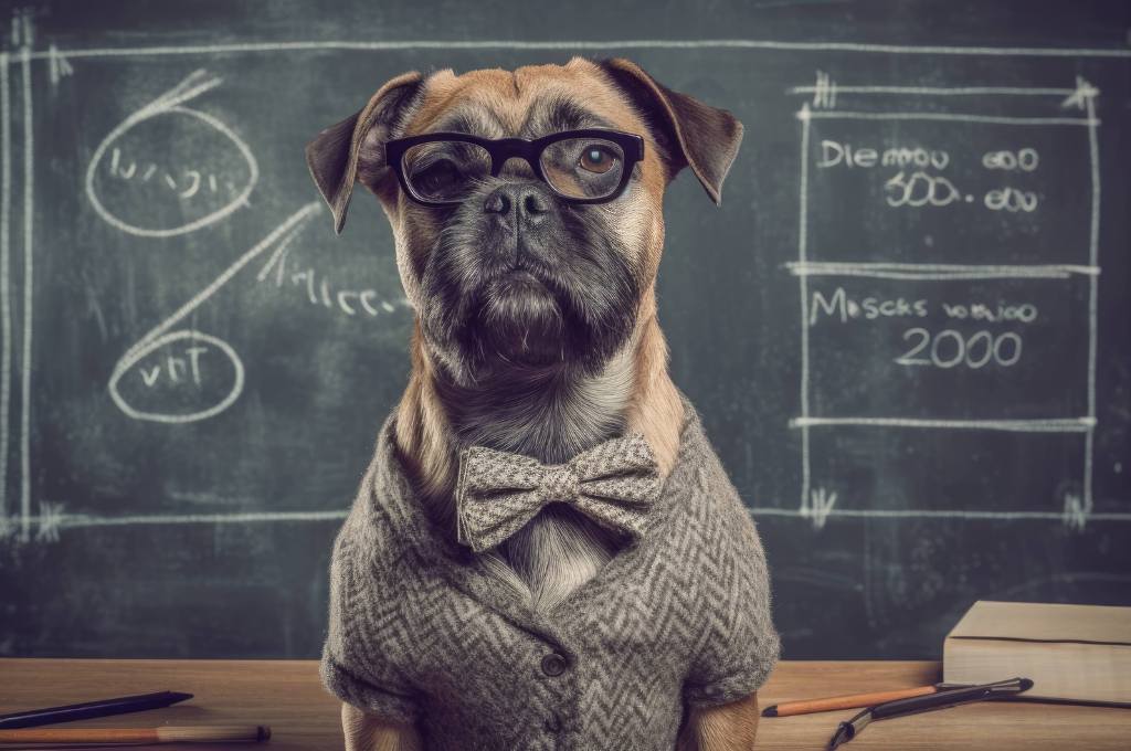 dog dressed as a teacher standing in front of a board--nonprofit humour