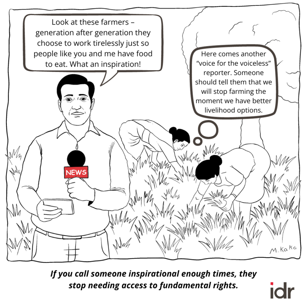 cartoon depicting a reporting talking about how inspirational a farmer is_nonprofit humour