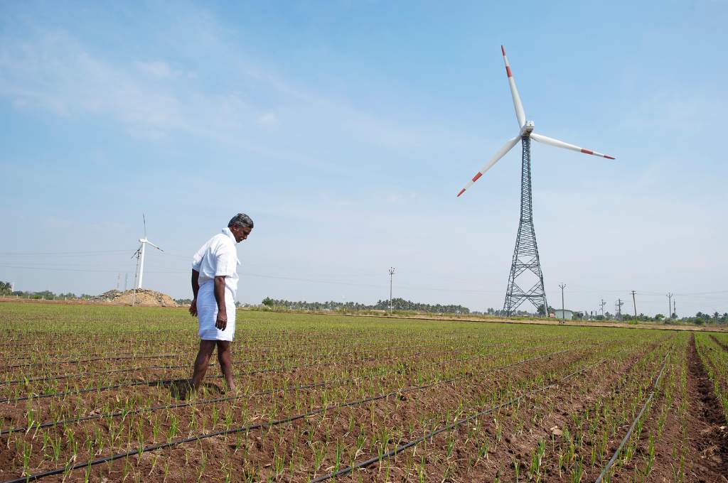 A man standing in a field with a windmill_renewable energy