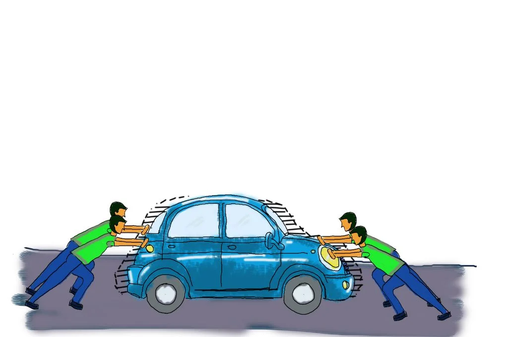 a cartoon of two men pushing a car-coordinate systems