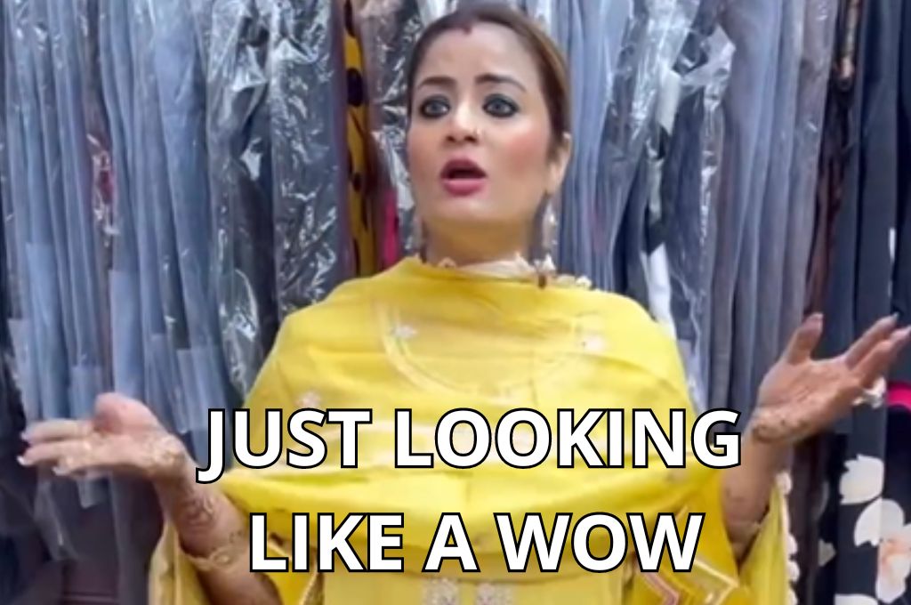 Jameen Kaur in a yellow suit with text overlay that says "just looking like a wow"_nonprofit humour