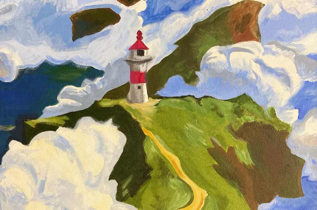 a painting of a lighthouse on a cliff with clouds-sabbaticals