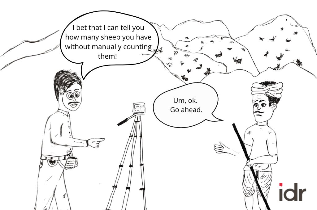 a cartoon of a researcher telling a farmer he can count his sheep without manually counting_nonprofit humour 