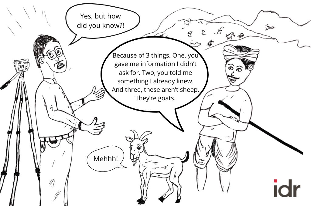 a cartoon of a farmer telling a researcher that he gave him information he didn't ask for, you him something he already knew and that these aren't sheep but goats_nonprofit humour 