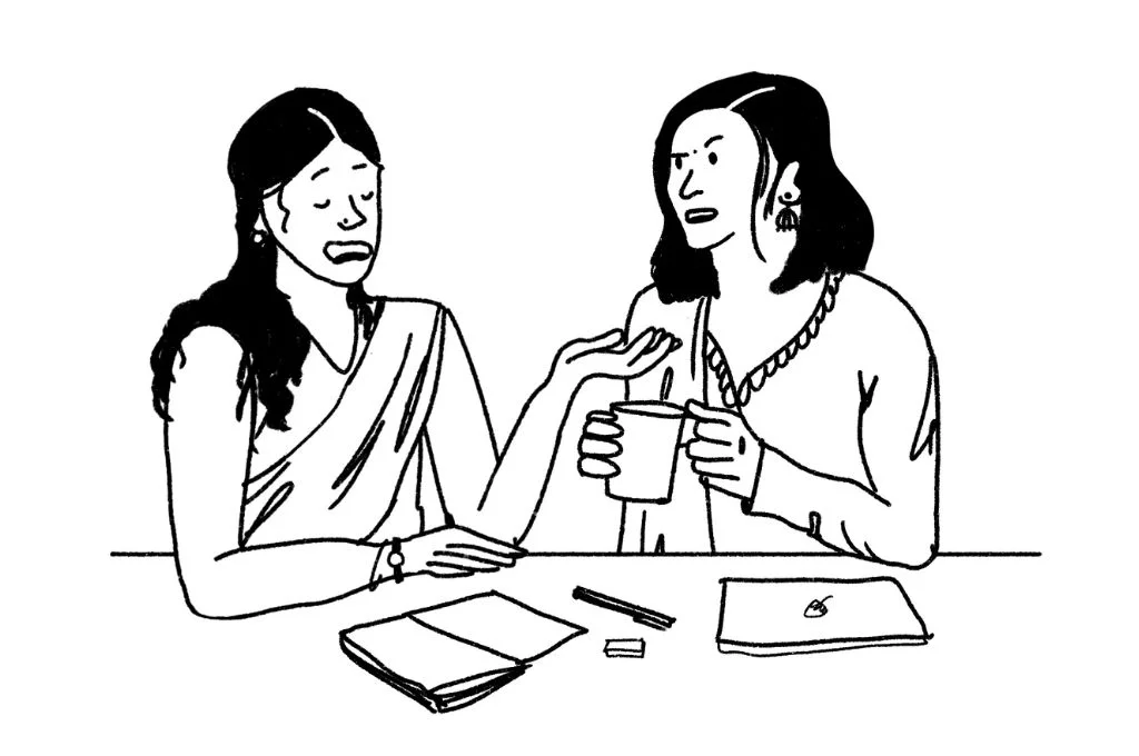 a black and white cartoon of two women talking--nonprofit humour