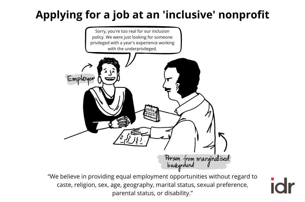 a black and white cartoon about nonprofits' inclusive hiring policies--nonprofit humour