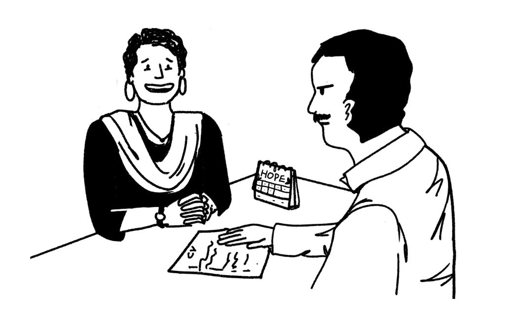 a cartoon of a man and a woman sitting across from each other at a table--nonprofit humour