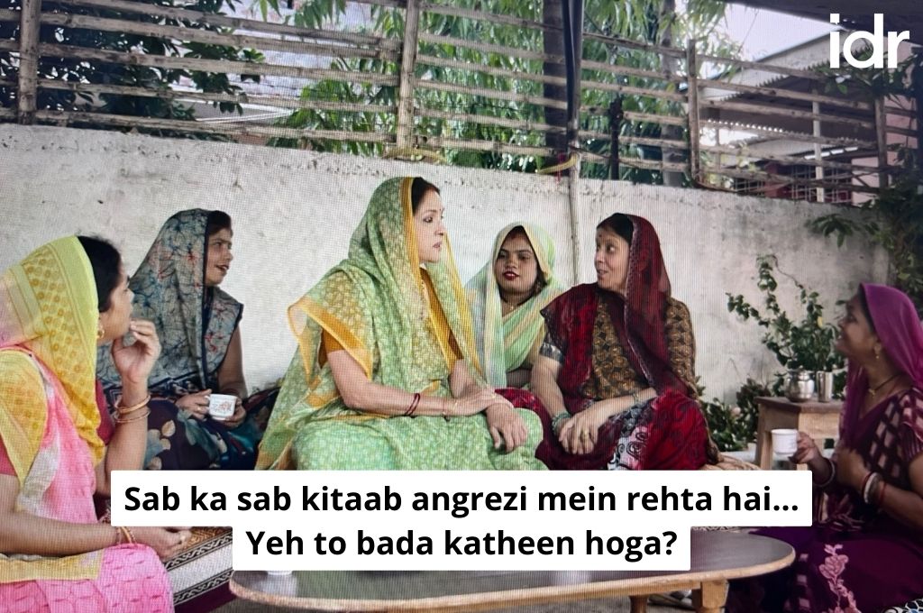 a group of women from panchayat saying "sab kitaab angrezi mein rehta hai"_nonprofit humour