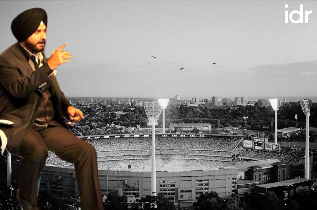Navjot Singh Sidhu superimposed on a black and white image of a stadium-nonprofit humour
