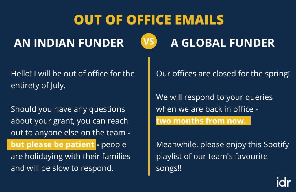 Out of office email of Indian funder vs global funder. While Indian funders provide alternative point of contact and encourage patience, global funders just state they'll be back in two months and share a spotify playlist to listen to while you wait_nonprofit humour