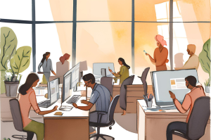 An illustration depicting people working at an office-organisational culture