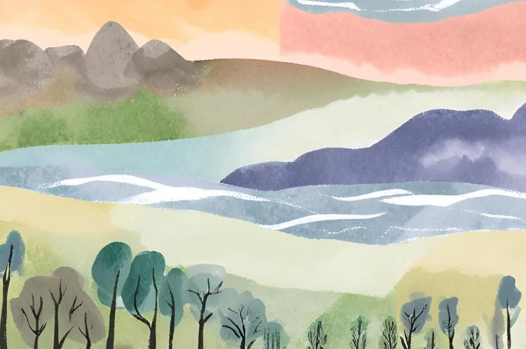 an AI-generated image of a water colour style landscape with trees, a water body, and hills--climate change