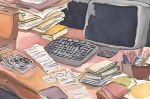 an AI generated illustration of a messy desk with a computer on it-data