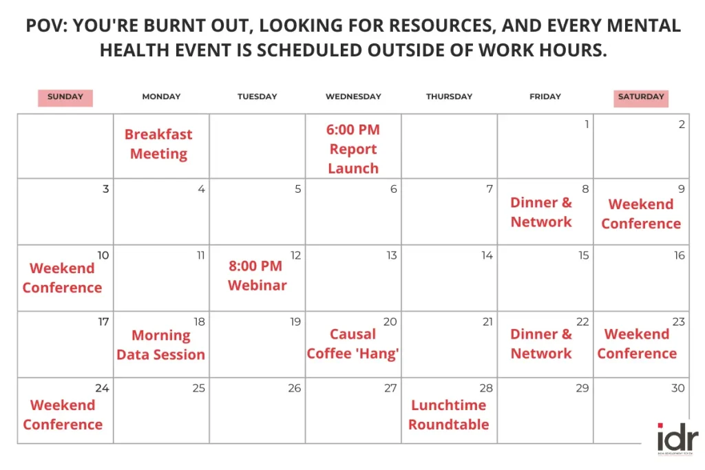 Calendar where every mental health event is scheduled outside of working hours_nonprofit humour 