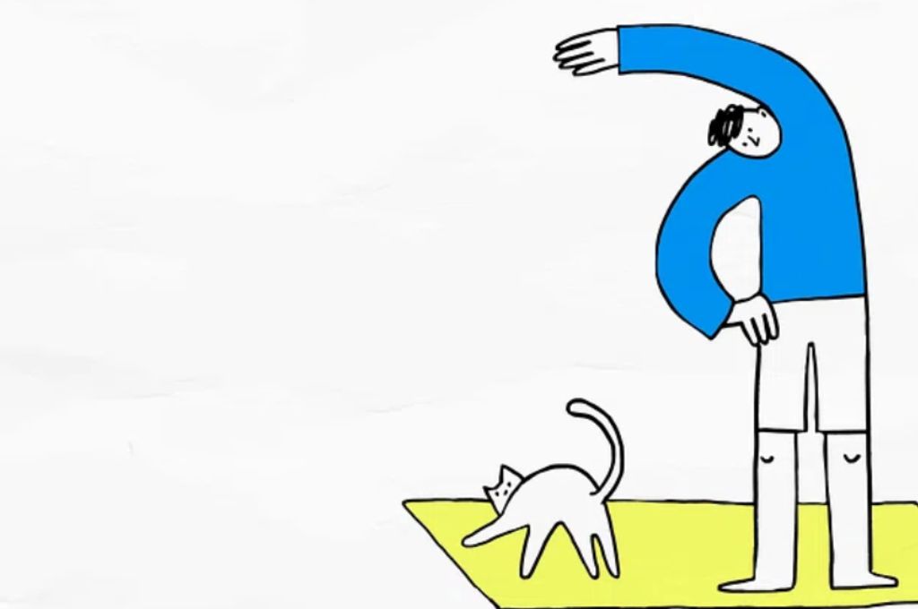 a cartoon of a person and a cat on a mat, with the person stretching and doing yoga--nonprofit humour