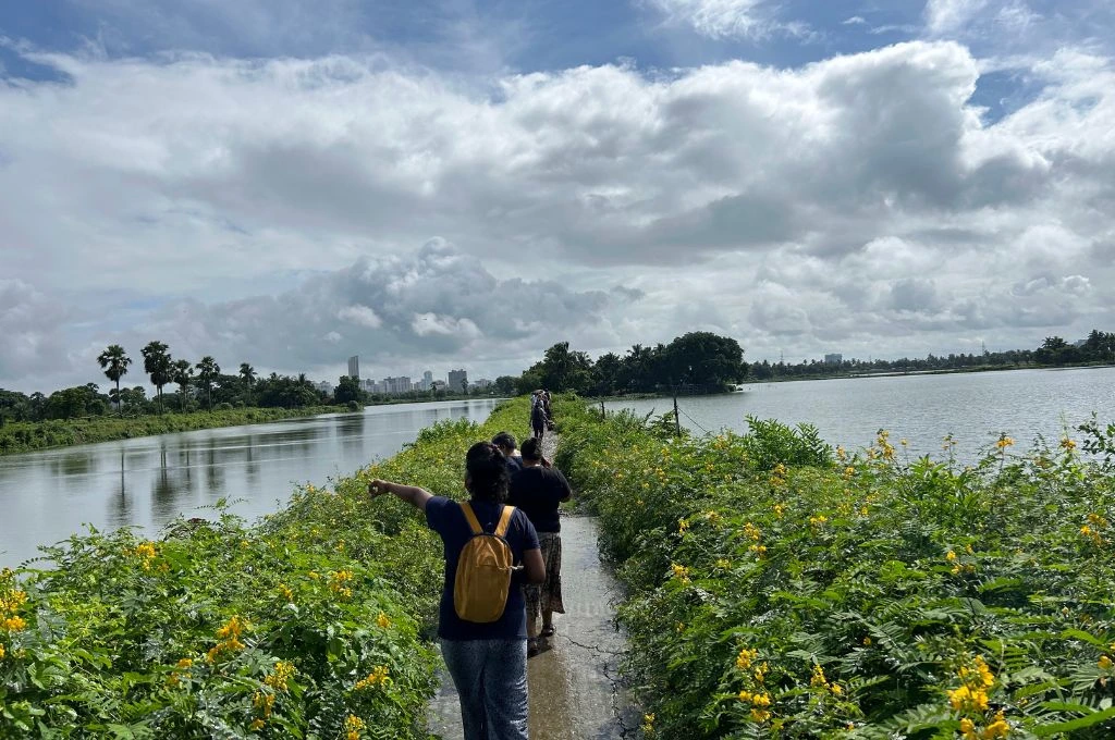 People on a trail walk in the Kolkata wetlands learning about their importance.